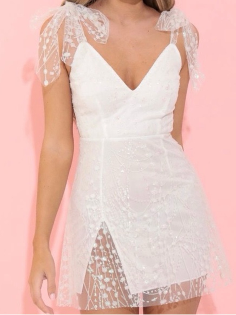 White Embroidered Tie-Shoulder Mini Dress
